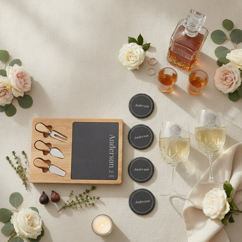 Editorial flat-lay of personalized wedding gifts for the couple including an engraved slate cheese board, crystal wine glasses, and a whiskey decanter with roses and rings