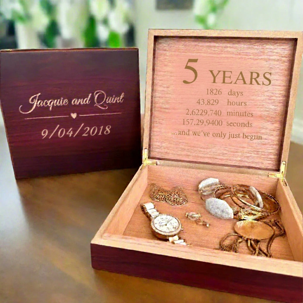 personalized wooden keepsake box for 5 Year Anniversary Gift for Her engraved with names and wedding date