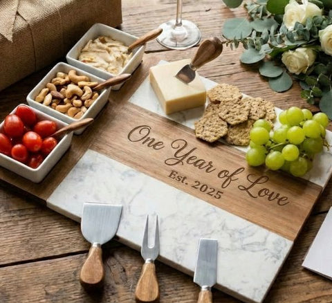 Personalized first anniversary gifts for her, including a custom song plaque and an engraved keepsake, thoughtful paper-tradition gift ideas for a wife on a first wedding anniversary
