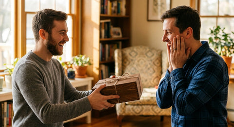 A groom laughing as he hands a wrapped wooden groomsman proposal gift box to a surprised, delighted friend in a sunlit living room.