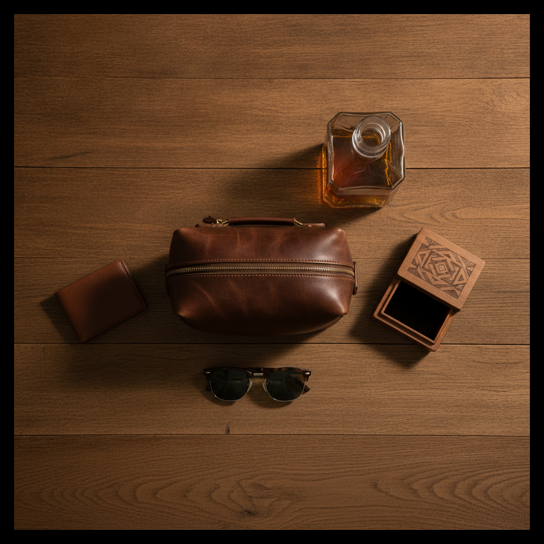 Personalized groomsmen gifts flat lay on walnut wood: leather dopp kit, whiskey decanter, engraved keepsake box, sunglasses, and wallet
