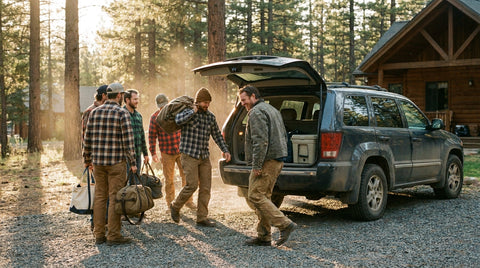 A group of six men unloading duffle bags and a cooler from an SUV outside a lake cabin at golden hour, arriving for a bachelor party weekend.