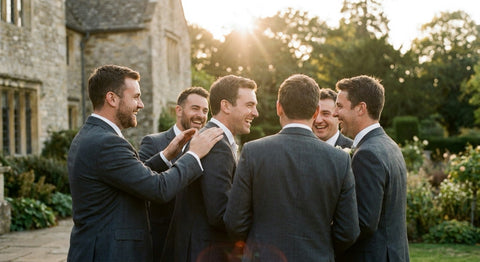 A group of groomsmen in matching charcoal suits laughing together outside a stone wedding venue at golden hour.