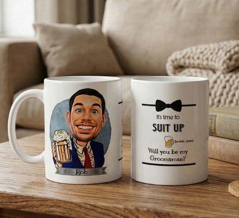 Personalized groomsmen coffee mugs with a caricature portrait and a Suit Up groomsman proposal design, shown together on a living room coffee table