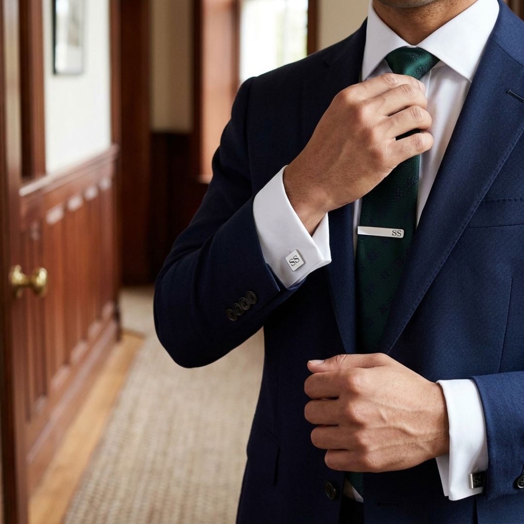 Man in navy suit and white dress shirt wearing monogrammed square cufflinks with sample initials "SS" and matching tie bar clip