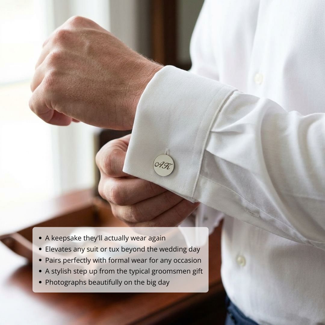 Personalized round cufflink with sample monogram "JK" worn on white dress shirt cuff during formal occasion