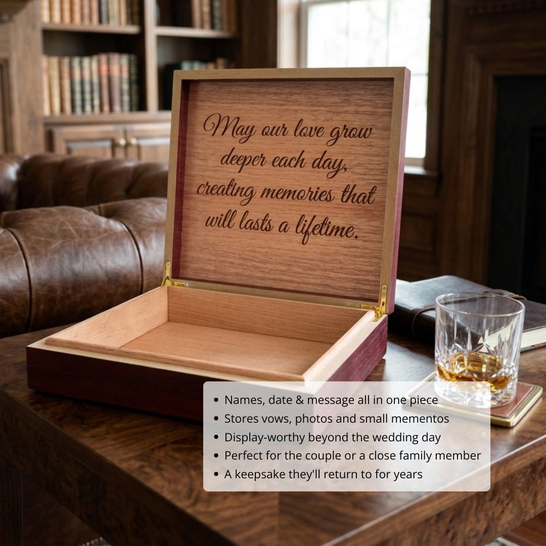Open wooden keepsake box with personalized engraving reading "May our love grow deeper each day, creating memories that will lasts a lifetime" on the interior lid.