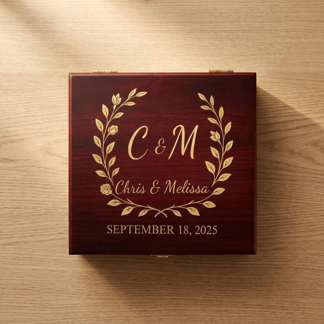 Dark cherry wood box with brass hinges, engraved with sample monogram "C & M," names "Chris & Melissa," laurel wreath design, and wedding date "September 18, 2025" in gold lettering