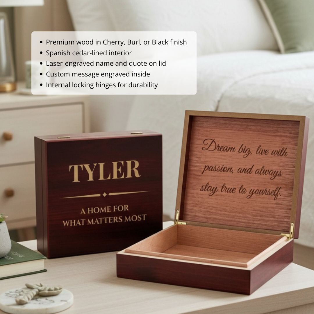 Mahogany keepsake box with open lid showing cedar-lined interior, lid engraved with sample text "Dream big, live with passion, and always stay true to yourself" and closed box displaying sample engraving "TYLER" with "A HOME FOR WHAT MATTERS MOST