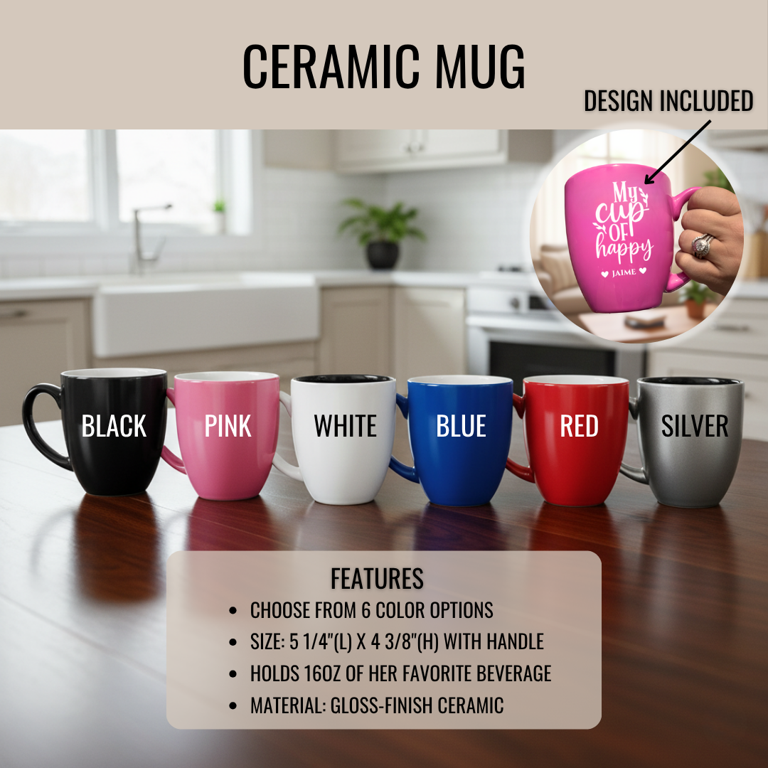 Six ceramic mugs in black, pink, white, blue, red, and silver displayed on a kitchen counter with a closeup showing a pink mug engraved with sample text "Must stay happy" and a name