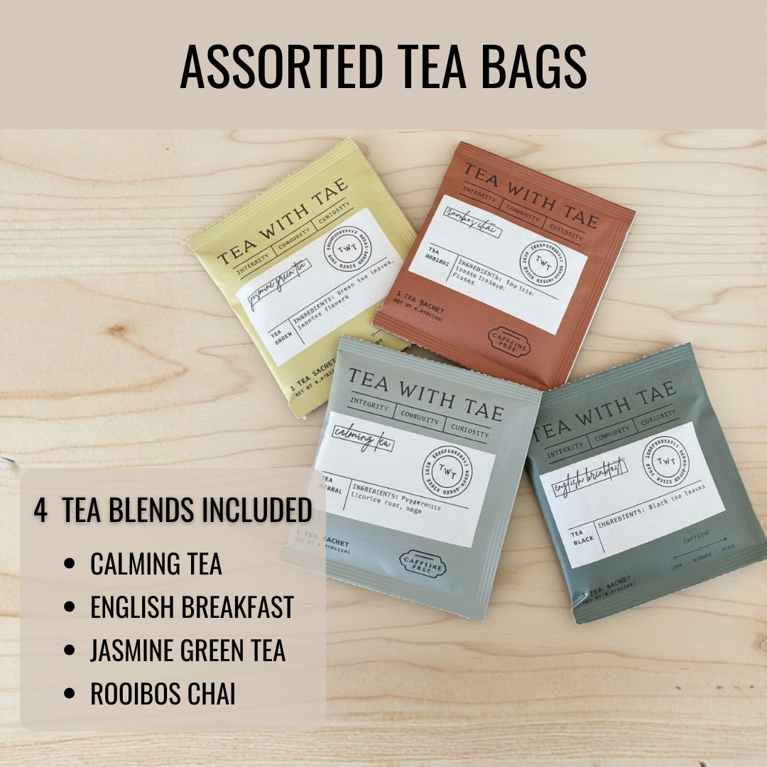 Four assorted tea bag boxes in yellow, rust, gray, and sage green, labeled "Tea with Tae" and containing calming tea, English breakfast, jasmine green tea, and rooibos chai blends.