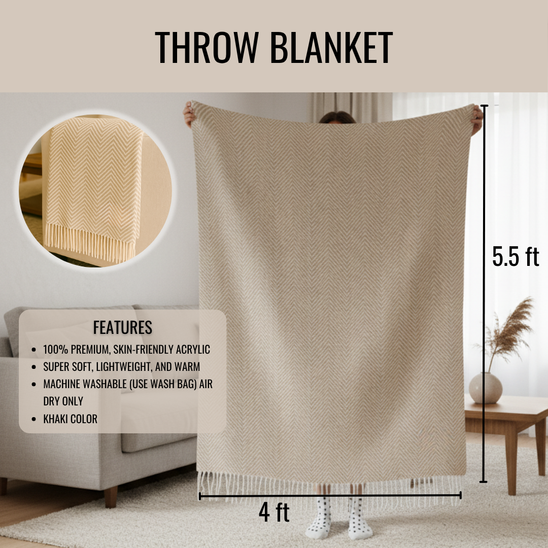 Khaki herringbone throw blanket with fringe trim displayed at 5.5 feet tall by 4 feet wide, shown held up to display texture and size scale