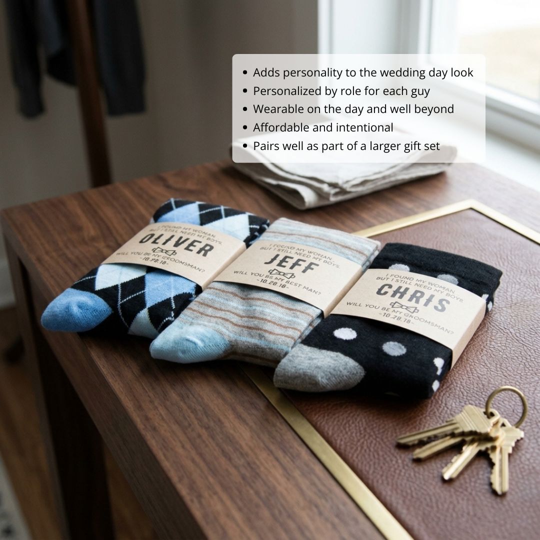 Three personalized socks with custom kraft labels reading sample names Oliver, Jeff, and Chris, displayed on wooden table with keys and styled home décor