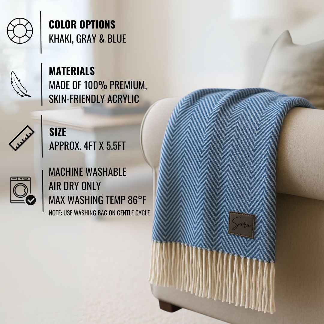 Blue herringbone throw with cream fringe and personalized patch showing sample name "Sara
