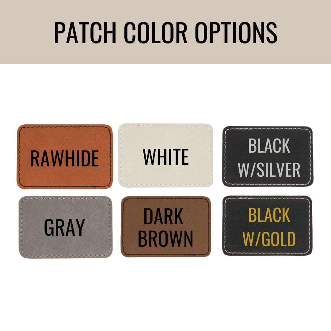 Grid showing six customizable patch color options: rawhide, white, gray, dark brown, black with silver, and black with gold lettering.