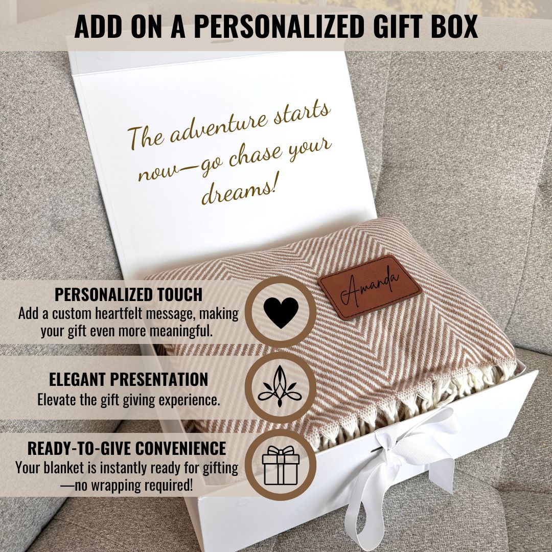 White gift box containing tan fringe throw blanket with sample personalization including name "Amanda" on leather patch and decorative circular design elements, shown with customizable message card