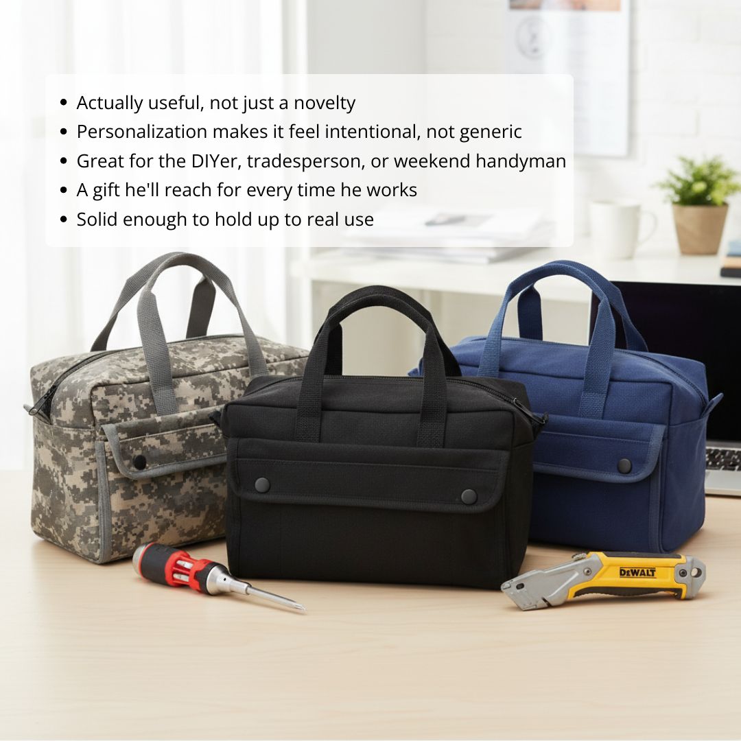 Three tool totes displayed in digital camouflage, black, and navy blue, shown on a work desk with a screwdriver and utility knife.