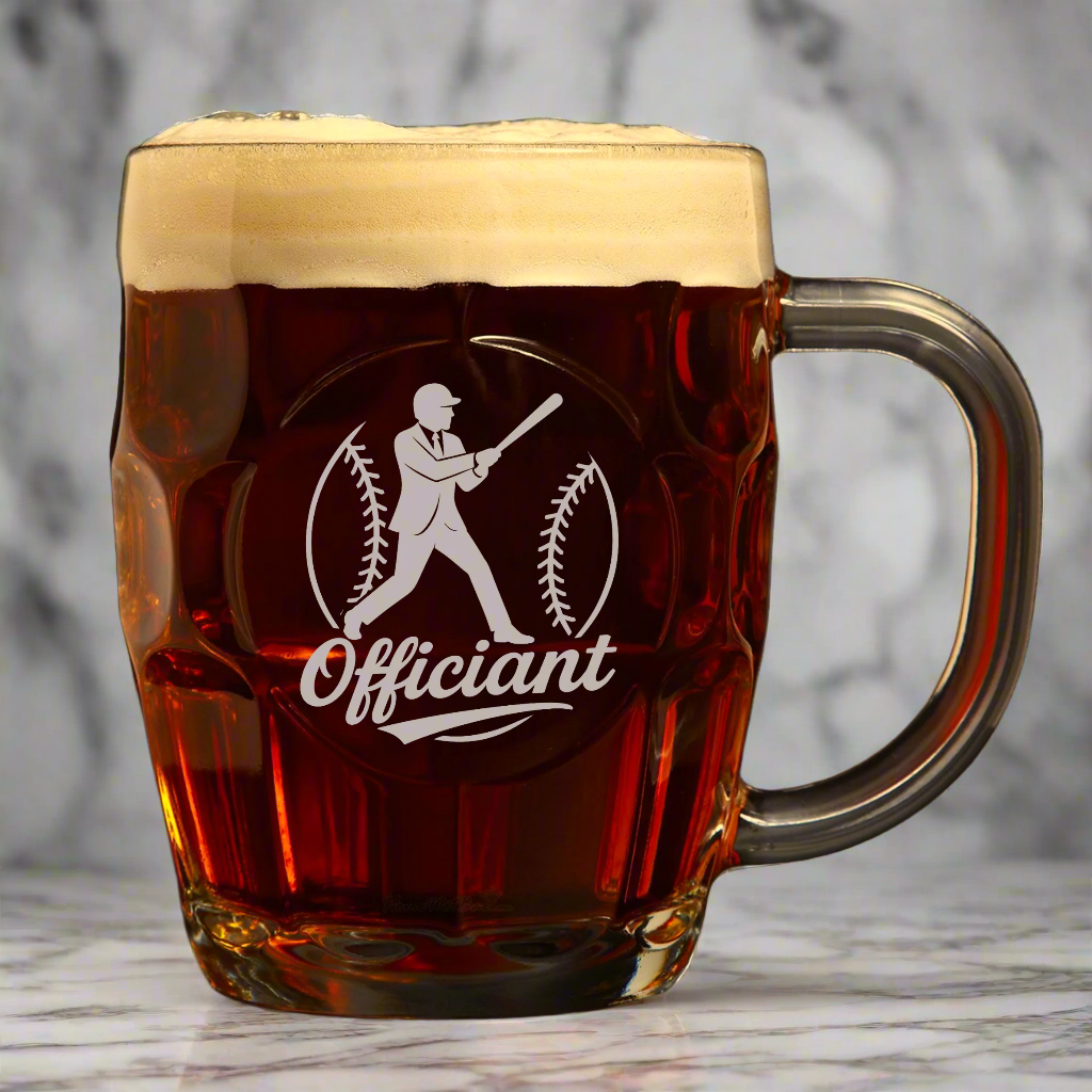 Glass mug with beer and 'Officiant' logo on a white background