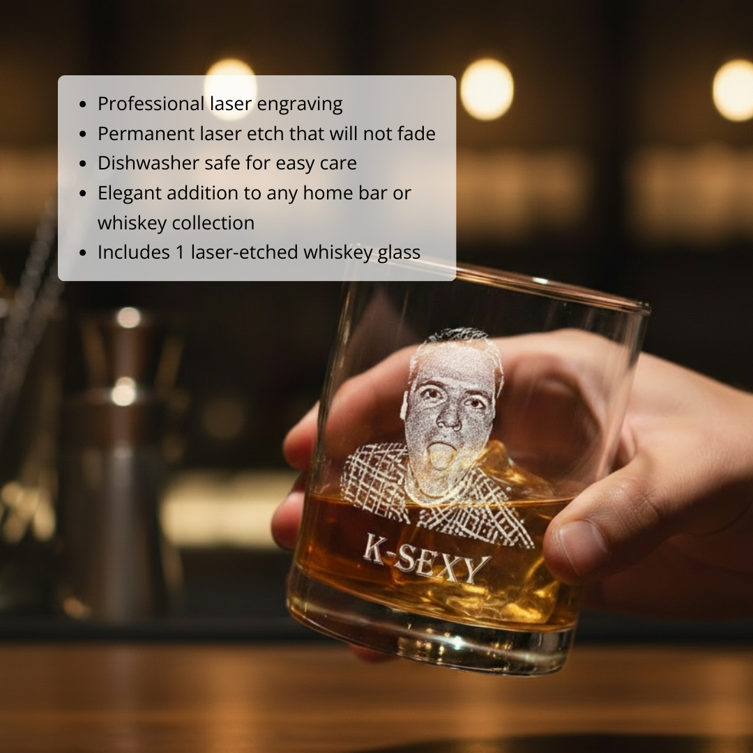 Whiskey glass held in hand with laser-engraved portrait and sample text "K-SEXY" filled with amber liquid, demonstrating personalization detail