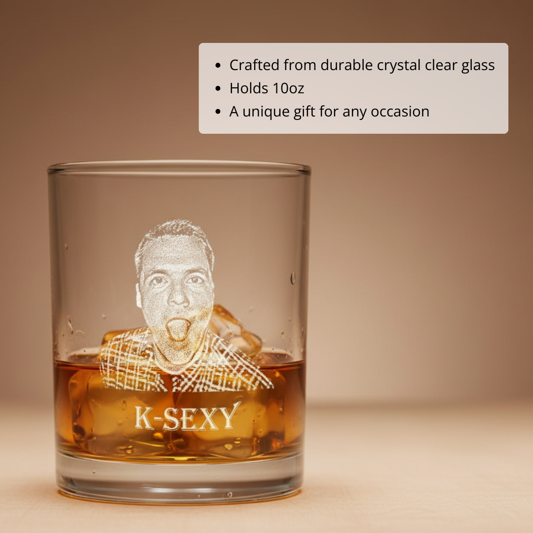 Crystal whiskey glass filled with amber liquid, laser-engraved with sample portrait photo labeled "K-SEXY" below the image