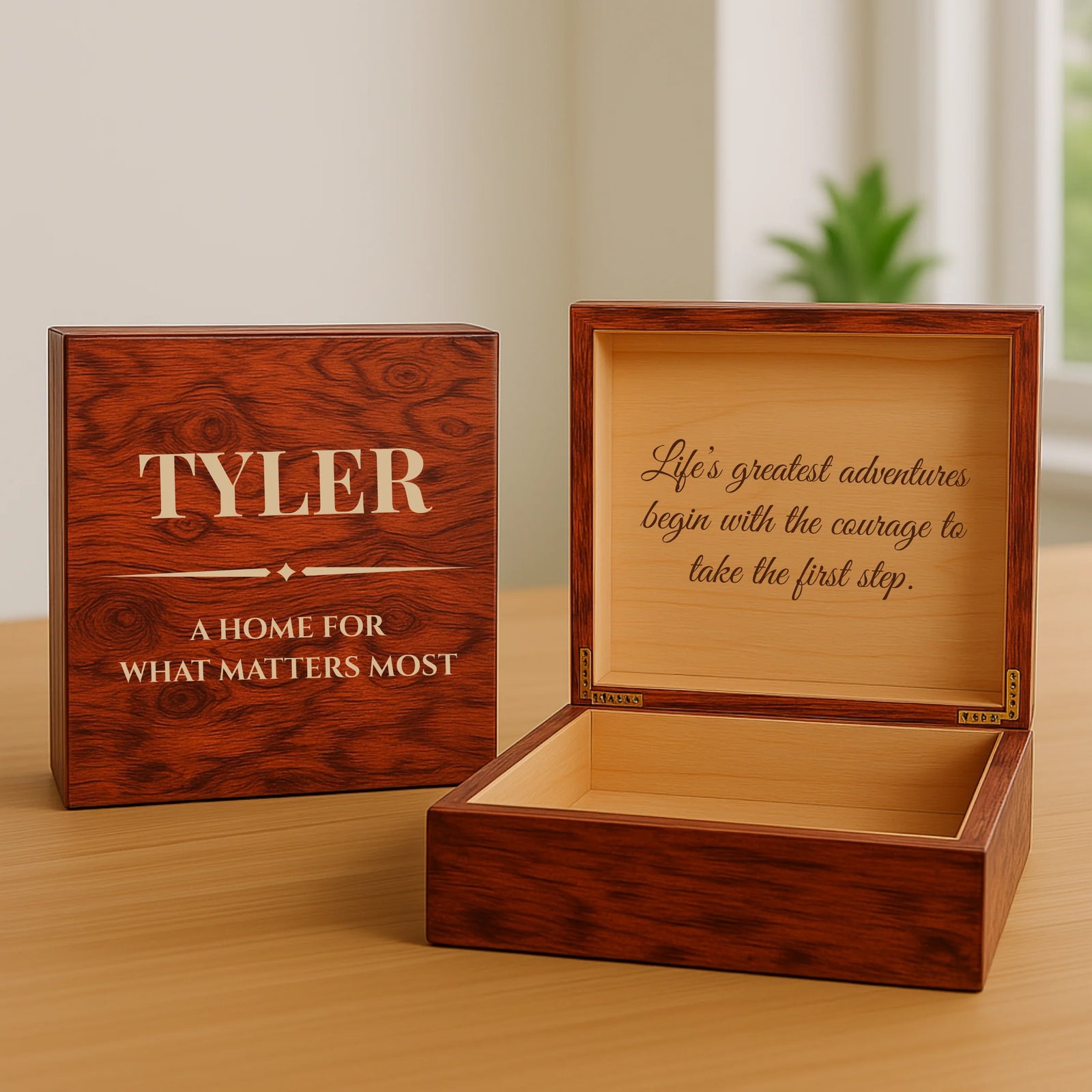 Wooden men’s keepsake box with engraved name, custom quote, and message inside lid