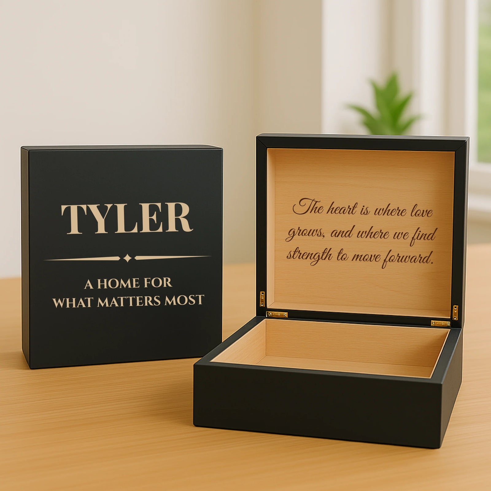 Wooden men’s keepsake box with engraved name, custom quote, and message inside lid