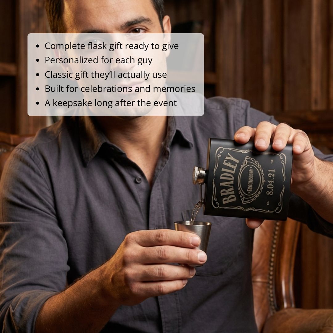 Man holding black leatherette flask engraved with sample name "BRADLEY" and date "8.04.21" with stainless steel funnel attachment visible