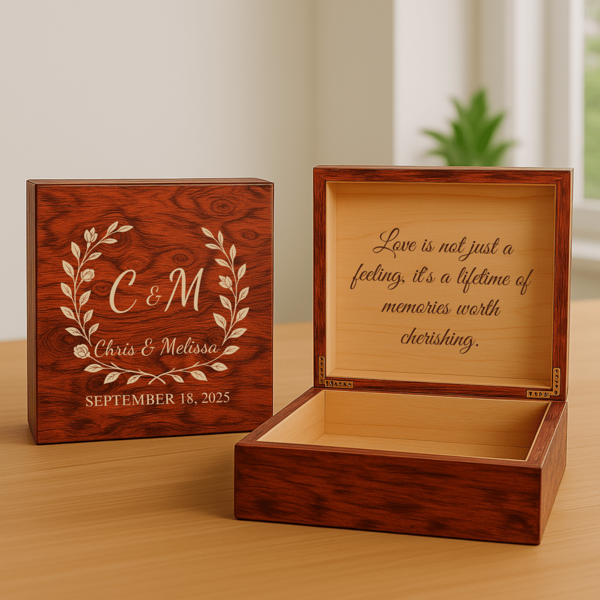 Rosewood keepsake box shown open and closed, displaying sample engraving with initials "C&M", names "Chris & Melissa", wedding date "September 18, 2025", and inspirational quote on interior lid.