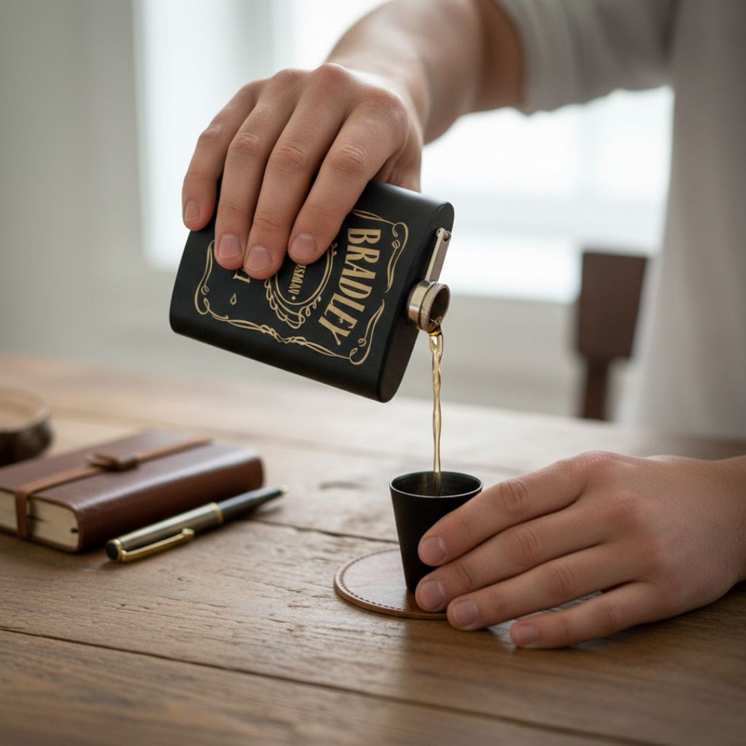 Black leatherette flask with gold "BRIDE" engraving pouring whiskey into matching shot glass during a toast scene
