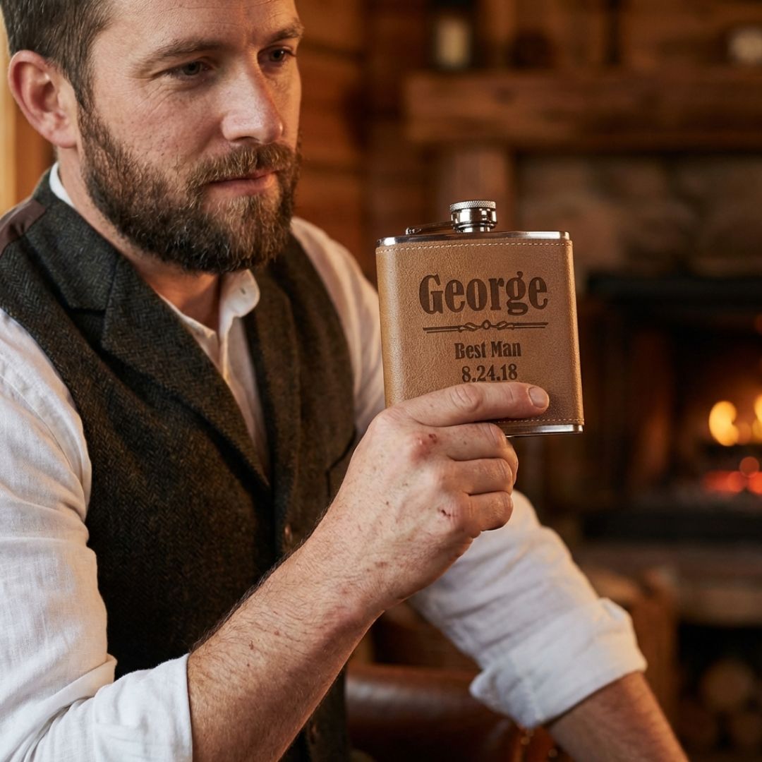 Tan leather flask engraved with sample personalization reading "George, Best Man, 8.24.18" held by man in formal attire indoors