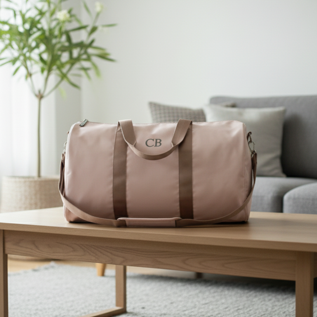 Blush pink duffel bag with brown handles and straps, personalized with sample monogram "CB" on the curved front panel, displayed on wooden table in home setting.