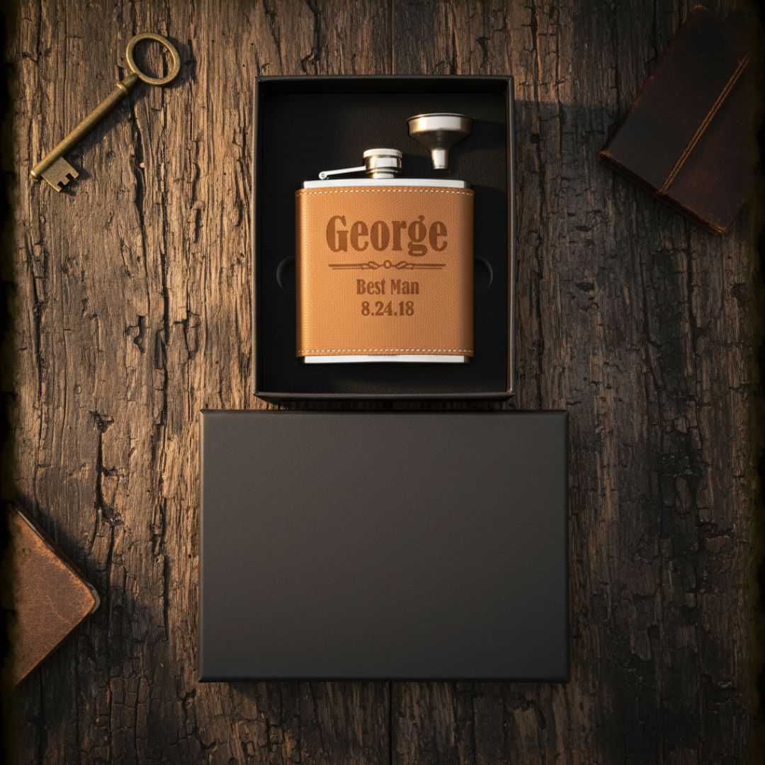 Tan leather flask personalized with sample engraving "George, Best Man 8.24.18" displayed in black gift box with vintage key and leather accessories on wooden surface