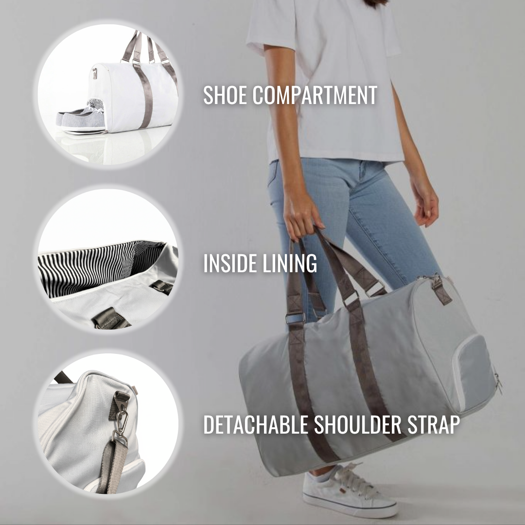Cream duffle bag with gray accents shown with feature callouts highlighting shoe compartment, striped interior lining, and detachable shoulder strap