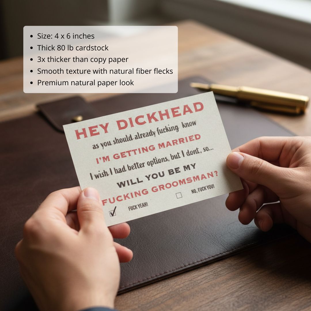Hands holding 4x 6 inch card with humorous red and black text asking someone to be groomsman, with checkboxes for response options, thick cream cardstock visible