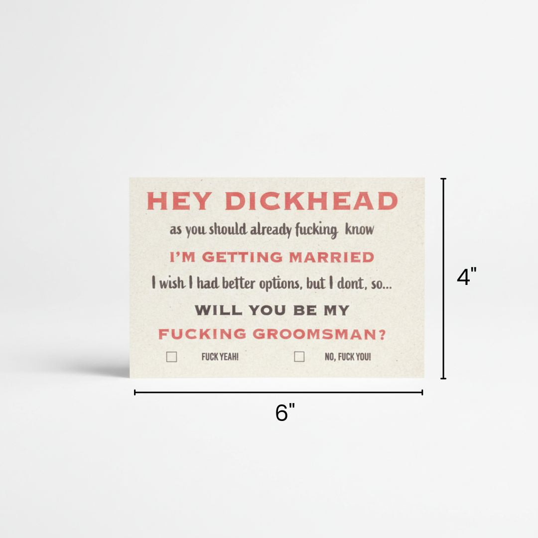 Humorous groomsmen proposal card with crude text asking "Will you be my fucking groomsman?" and checkbox options, 6 by 4 inches