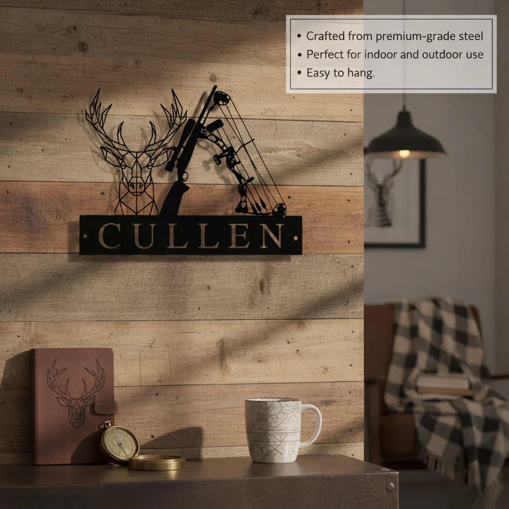 Black steel hunting sign mounted on wooden wall, customized with sample name "CULLEN" and featuring geometric deer head and compound bow silhouette design