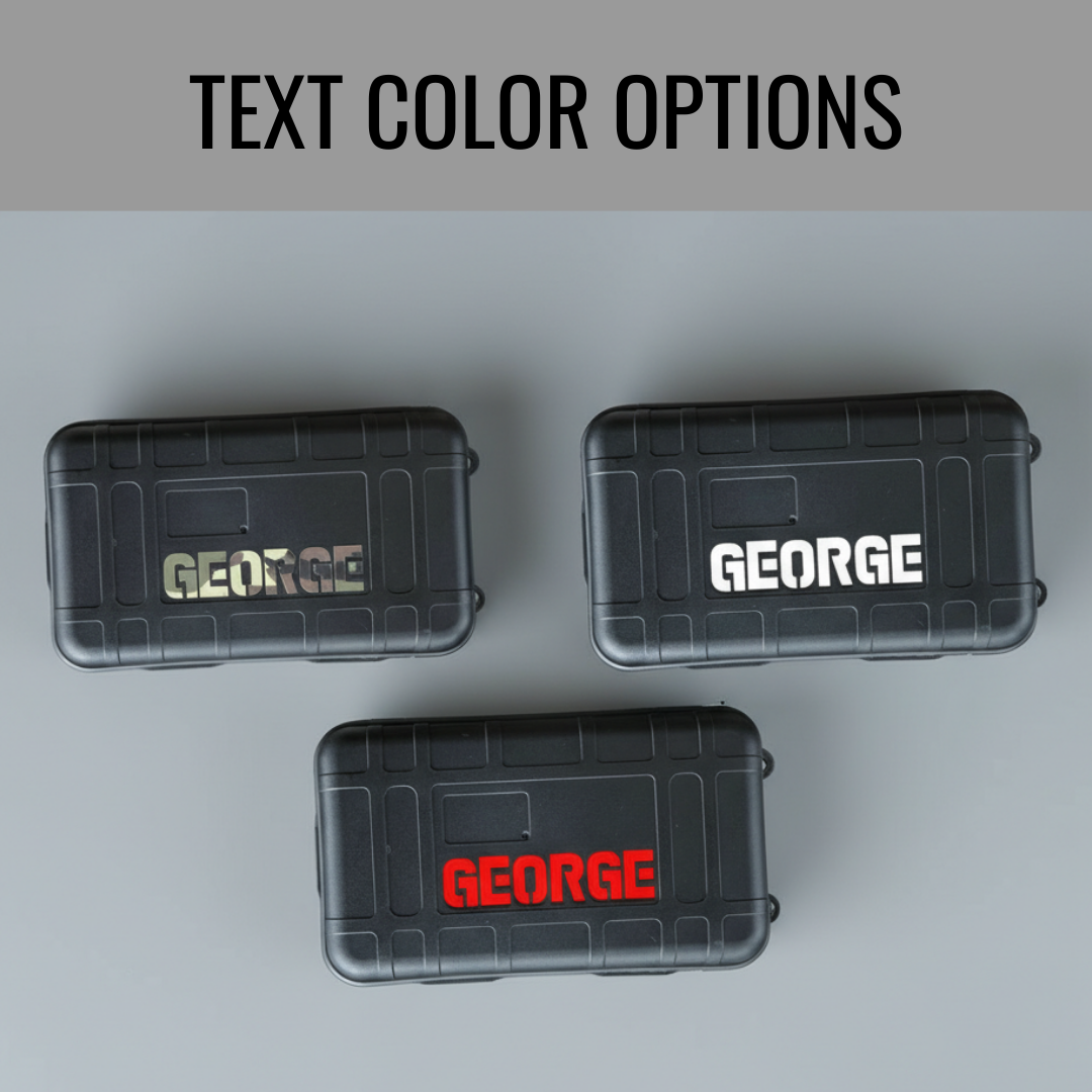 Three black waterproof cases displaying engraving text color options in gold, white, and red sample personalization