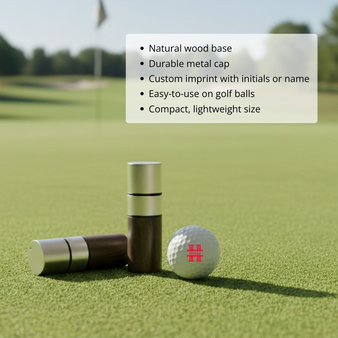 Golf ball stamp with natural wood base and metal cap, displayed on putting green next to golf ball imprinted with sample initials in red