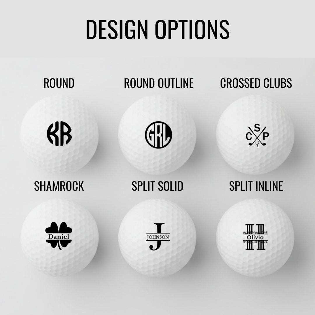 Grid displaying six customizable engraving styles for golf balls: round monogram, round outline monogram, crossed clubs motif, shamrock with name, split solid monogram, and split inline monogram with decorative elements