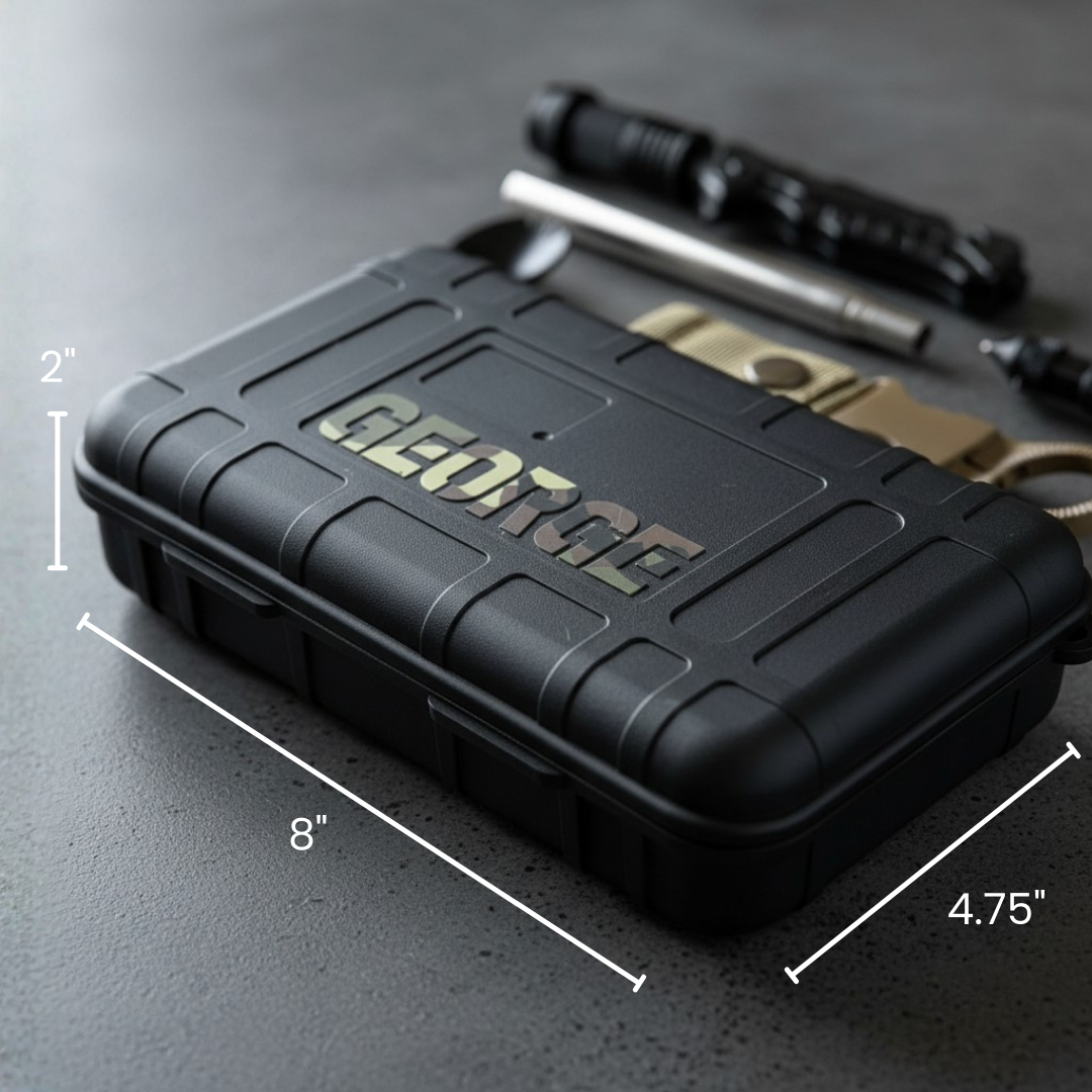 Black waterproof survival kit case with laser-engraved "GEORGE" text, shown with dimensions and included tactical flashlight and multi-tool accessories