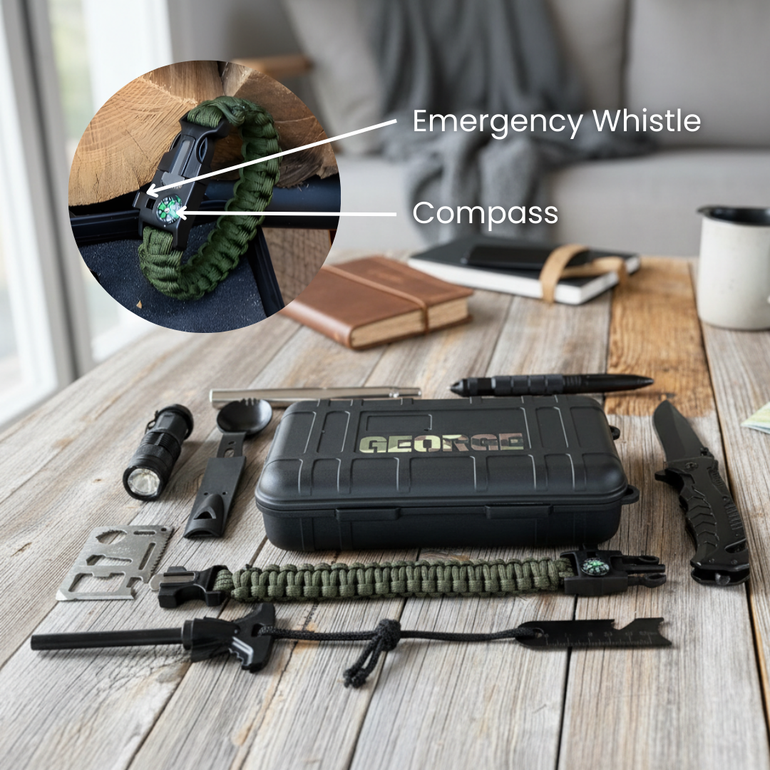 Survival kit contents displayed on wooden table including black waterproof case engraved with sample name "GEORGE", flashlight, knife, tactical pen, fire starter, and paracord bracelet with compass and whistle detail highlighted above
