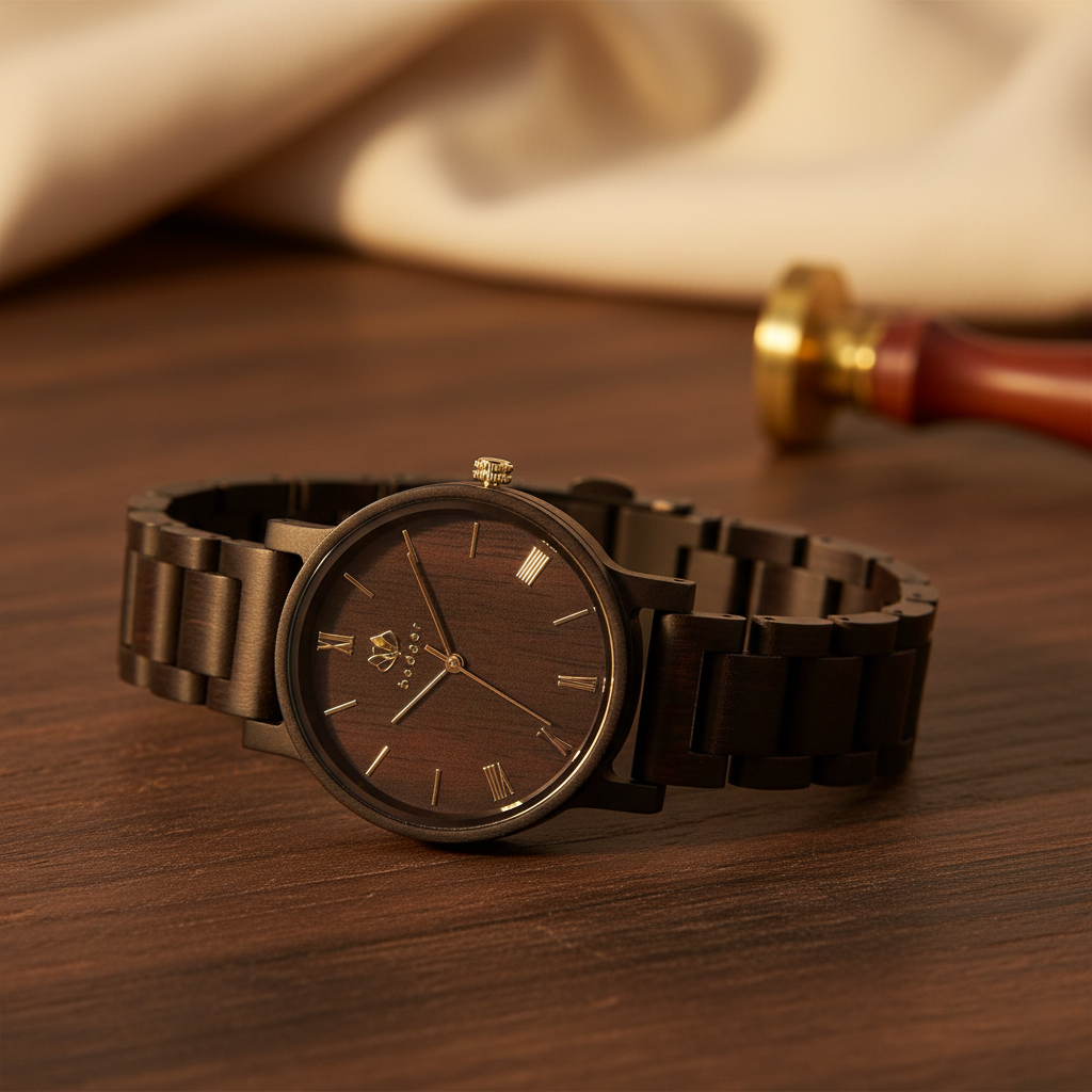 Ebony wood watch with stainless steel band displayed on wooden surface alongside cigar cutter and rolled cigar in background