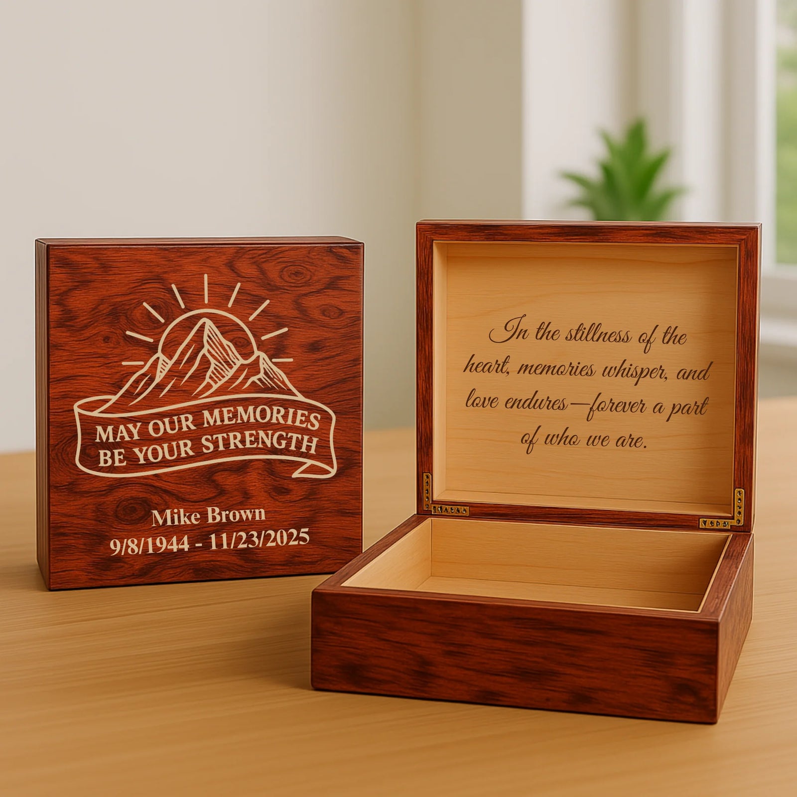 Custom wooden keepsake box for him with engraved name, memorial dates, and heartfelt interior message