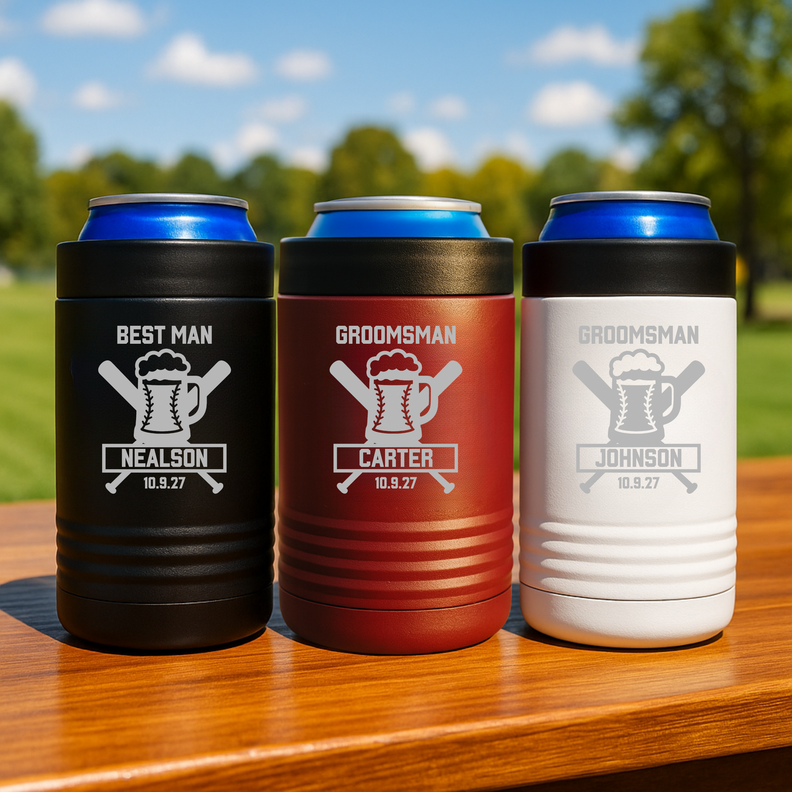 Personalized baseball groomsman can coolers with names, roles, and wedding date