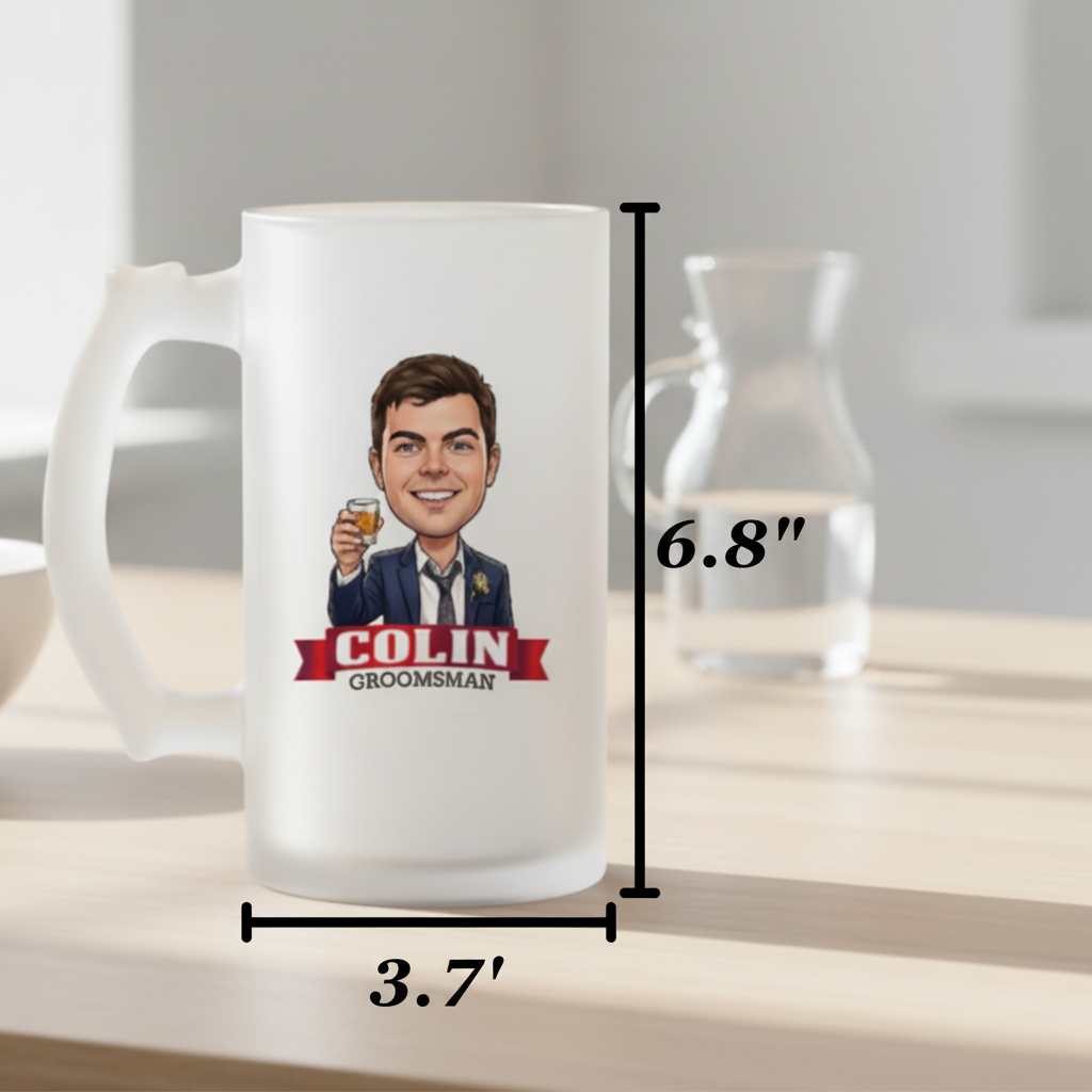 Frosted glass beer mug with sample caricature showing smiling man in navy suit holding drink, personalized with name "COLIN" and "GROOMSMAN" banner, dimensions marked 3.7" width by 6.8" height