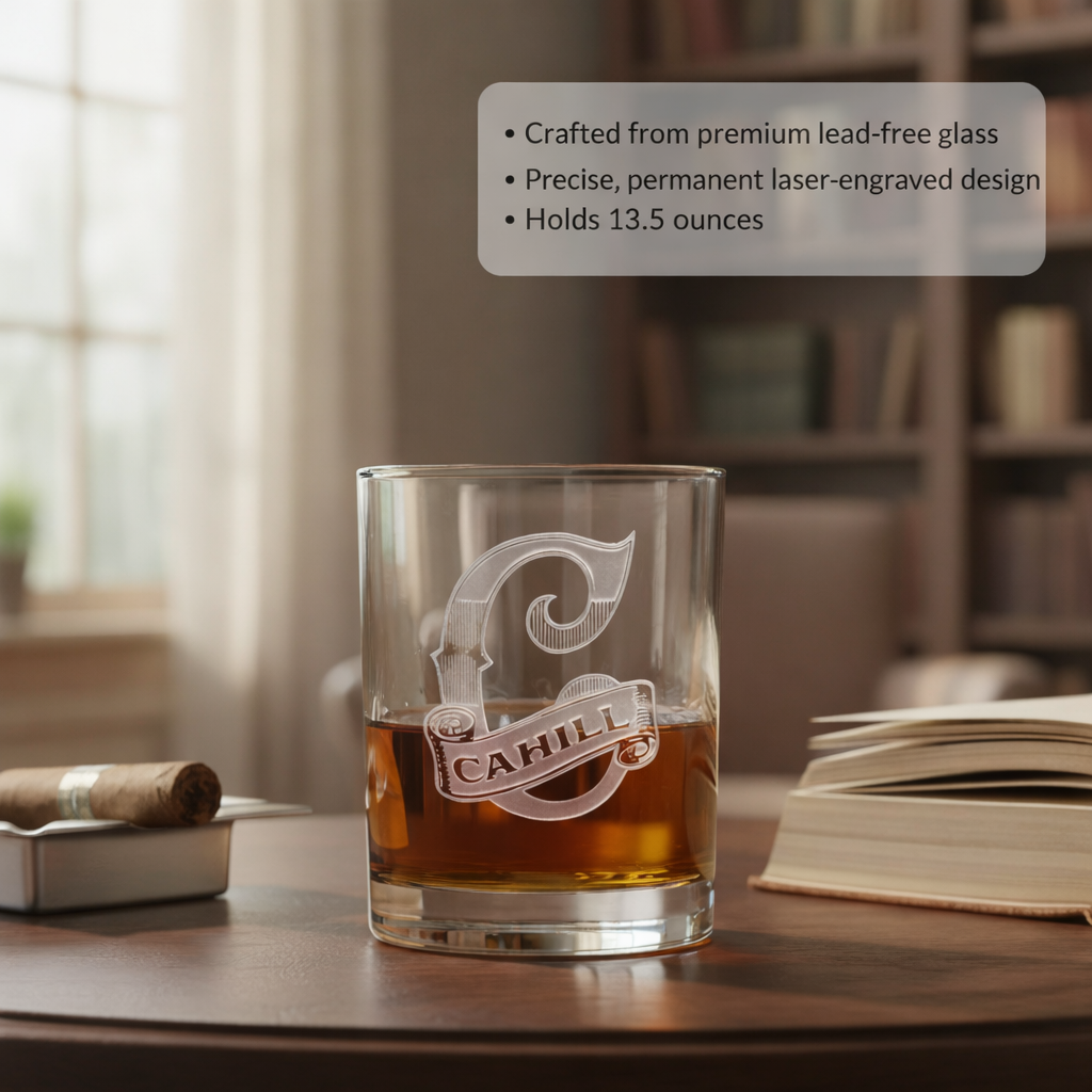 Banner Bourbon personalized whiskey glass with sand-carved banner design