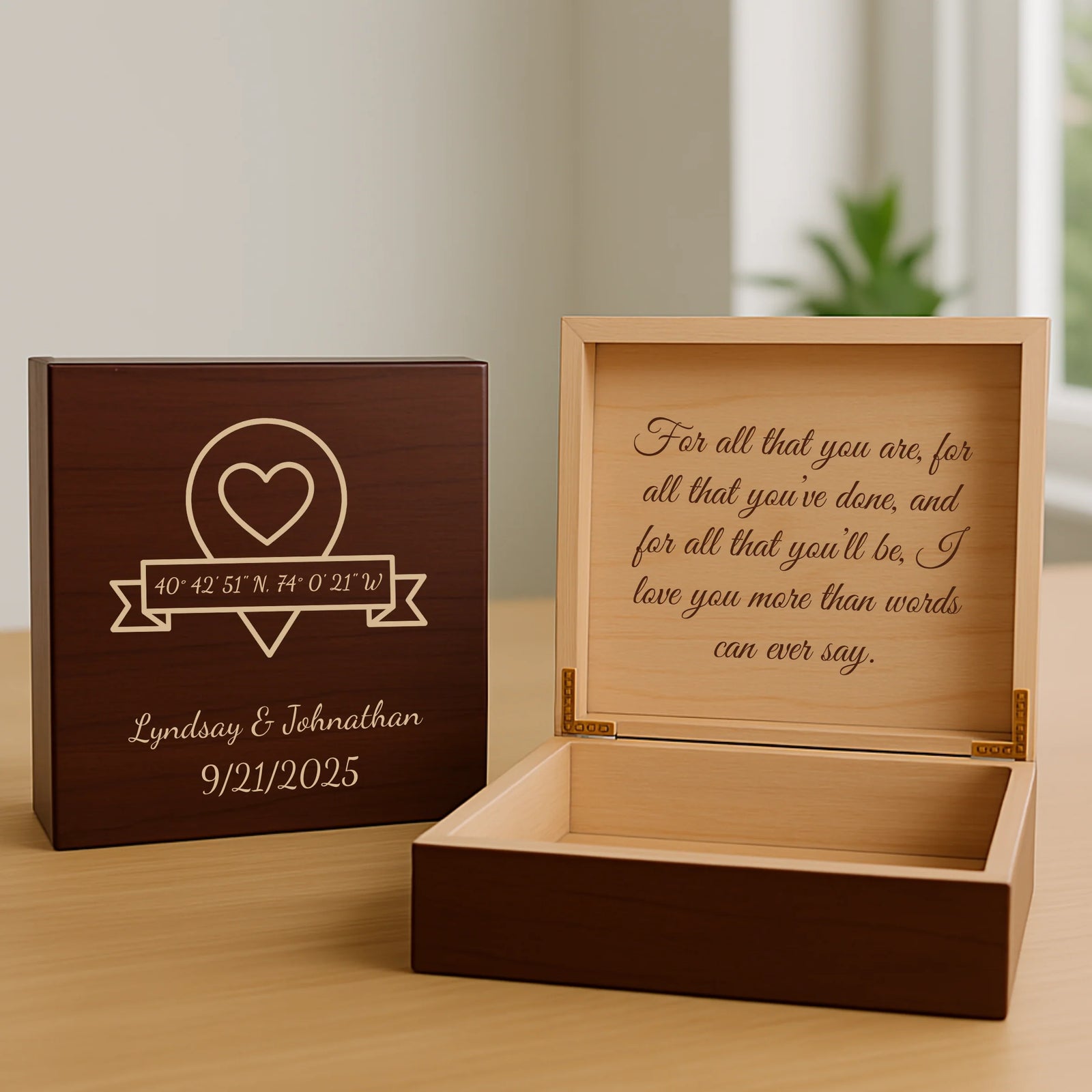 Custom wooden keepsake box for groom with engraved names, date, coordinates, and heartfelt message