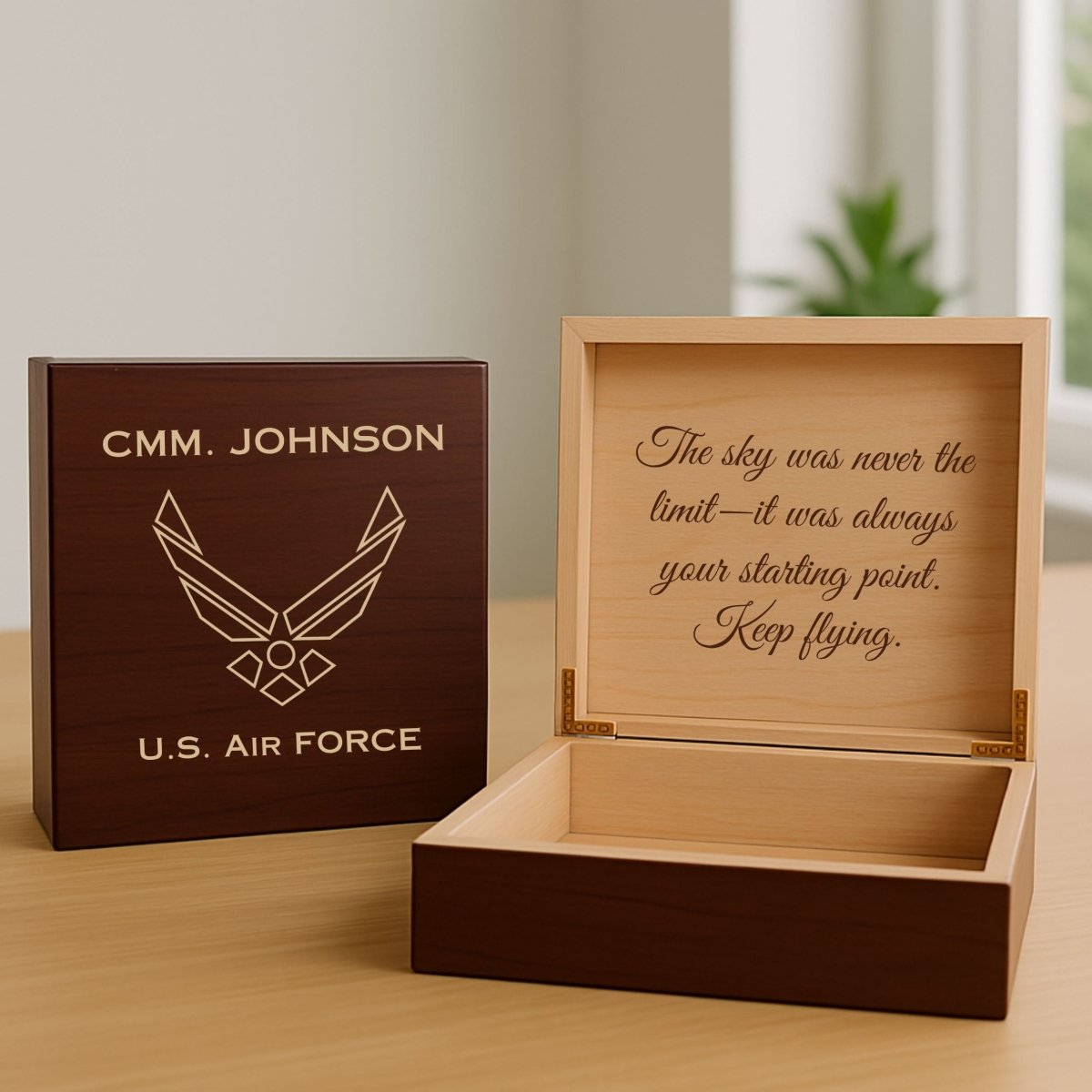 Engraved Air Force memory box with custom name and message, perfect for medals and photos