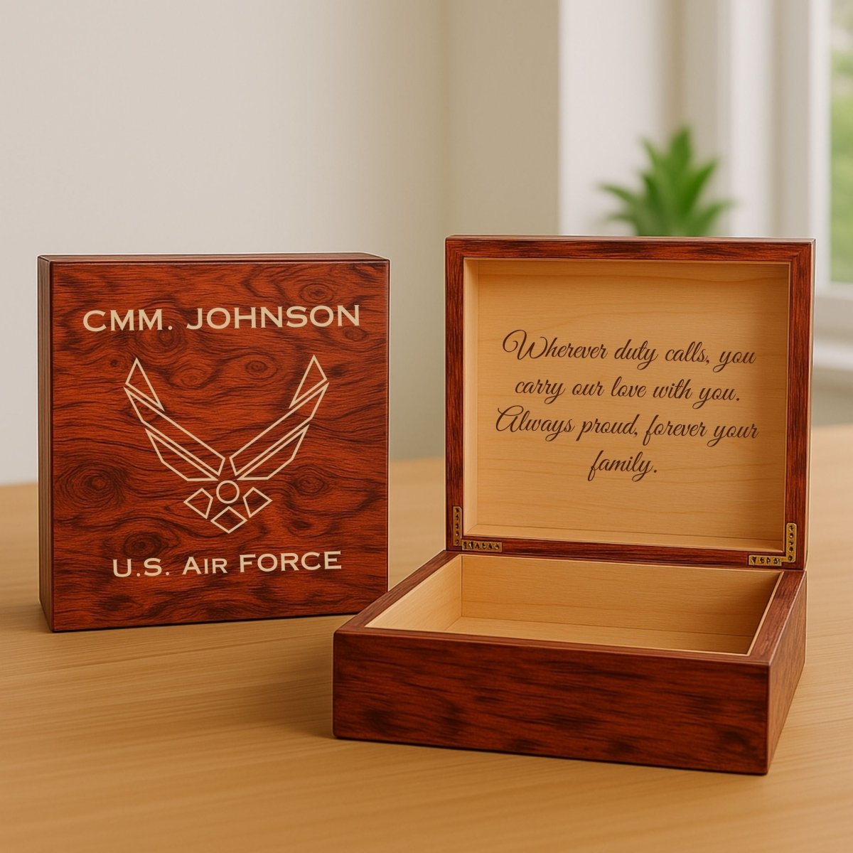 Engraved Air Force memory box with custom name and message, perfect for medals and photos
