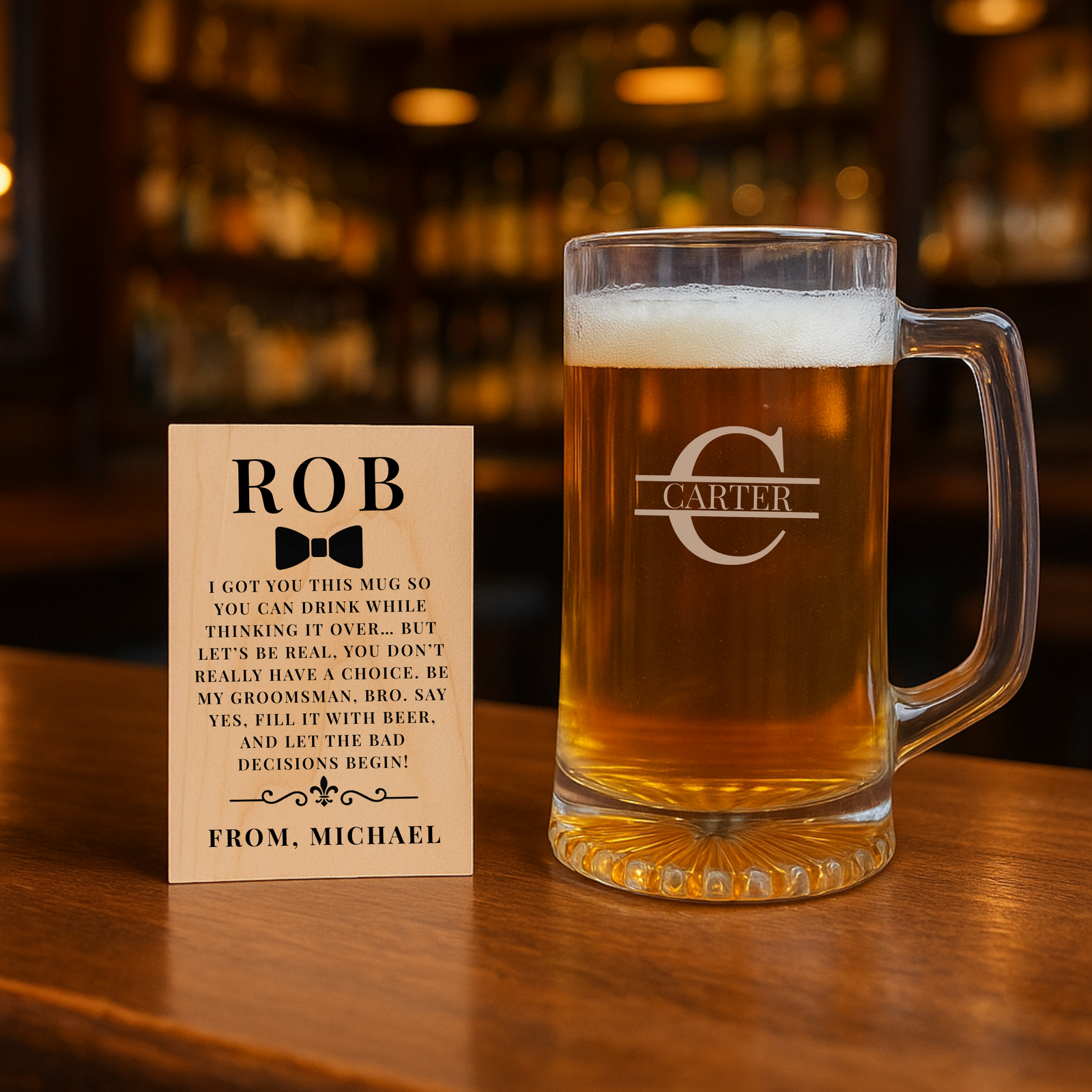 Personalized beer mug and wooden groomsmen proposal card gift set